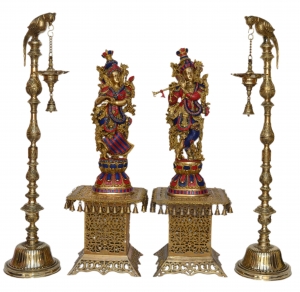 Stand Oil Lamp with Radha Krishna Statue & decorative stand Combo for Gift and decor at office and home