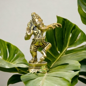 Aakrati Matte Gold Brass 4 inch Dancing God Ganesh Small Showpiece for Temple or Office or Home