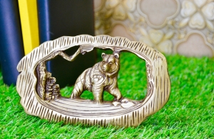 Glossy Vintage Brass 6 inch Bear with Tress in Frame For Table Top or Home Decor 
