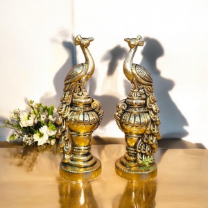 Aakrati Pair of Handmade Small Sitting Brass Peacock Figurine Showpiece 