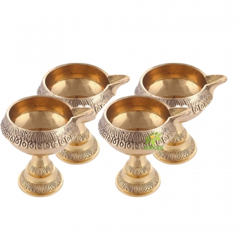 Pure Brass Handcrafted Diwali Kuber Deepak On Stand Diya Oil Lamp For Puja Home Decor Pack of 4