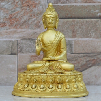 Lord Buddha Sitting on Lotus Decorative Showpiece - 14 cm (Brass, Antique Yellow Finish)