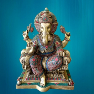 Sitting Lord Ganesha Brass Made Turquoise Work Statue