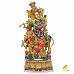 Magnificent Large Brass God Krishna Statue Stonework 79 cm Tall