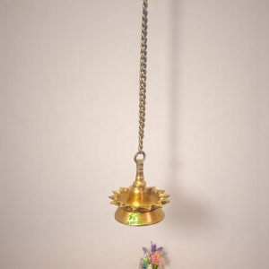 Aakrati Ethnic Indian Design 14 Oil Wick Brass Hanging Diya | Brass Diya | Hanging Diya for Pooja Room | Temple Decoration