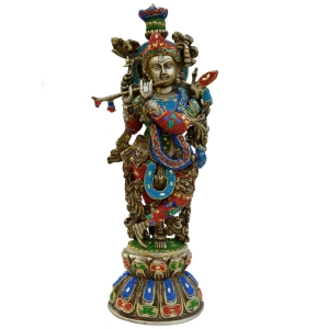 Krishna Statue in Brass with Stonework, 51CM Big Large Size Krishna Brass Idol, Bhagwan Temple Mandir Altar Hindu Religious Home