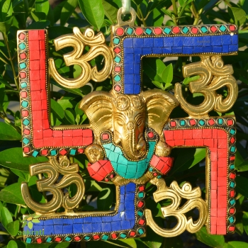 Ganesha and Swastik Brass Wall Hanging/wall Decor Turquoise work