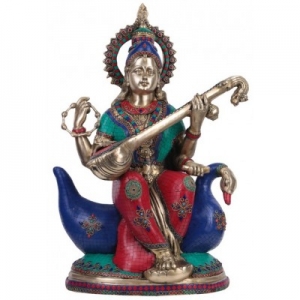 Brass Saraswati Statue with Stonework, big Goddess Saraswati idol in Brass. Hindu Mother Goddess of Arts, Music, Knowledge & Wisdom