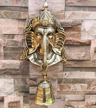 Wall hanging Ganesh face with big bell, door bell, wall decor, door decoration, Enterance and lobby showpiece