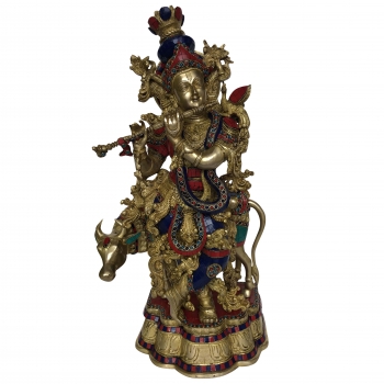 Krishna with cow statue , Big Cow krishna brass idol with beautiful mosaic work, Indian handicrafts gift 