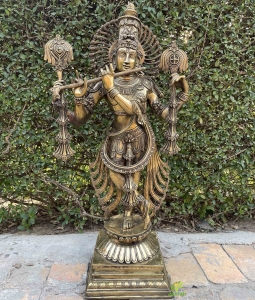 Magnificent Large Brass God Krishna Statue Stonework 79 cm Tall Hindu god Home Temple Statue Krishna Statue office decor