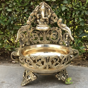 Peacock Design god Ganesha  Urli table top showpiece metal brass figure