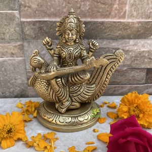 Saraswati Adorning a Swan. Goddess Beautiful Brass Statue. Best for Home Decor, Pooja Temple, Office Decor & Gifting.