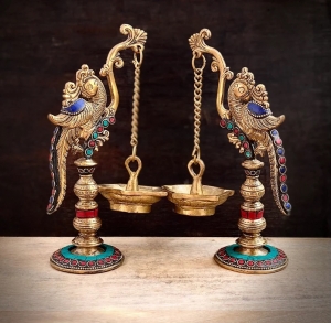 Stone Finish Peacock Diya Stand ,Brass Appam Deepam,Brass Deepak for Temple Mandir Pooja Items, Diwali Deepawali