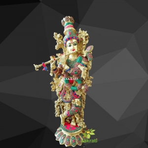 Krishna - Govinda - Dwarkapati Statue with Stonework, Big Large Size Brass Lord Krishna Idol, Krishn, Gopal Krishna, Hindu Idol