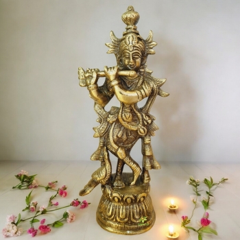 Aakrati Lord Krishna Awesome Statue Made Decorative Showpiece - 18 cm (Brass, Brown)