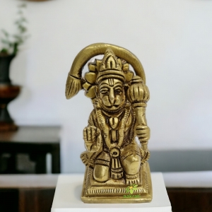 Brass Hanuman Sitting Religious Hindu Statue with Gada, Temple Decor Statue, Hindu God Figurine,