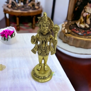 Aakrati Brass Hanuman Standing Religious Hindu Statue with Gada, Temple Decor Statue, Hindu God Figurine, Brass Lord Hanuman Statue ( Yellow)