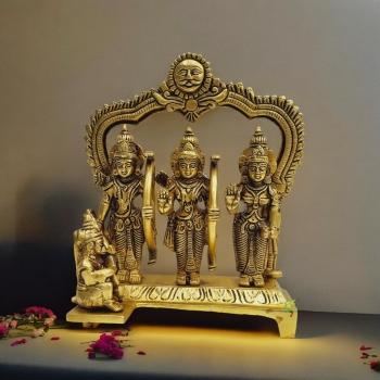 Aakrati Brass Ram Darbar Statue| Lord Ram with Sita Ma, Laxman ji & Hanuman Ji| Temple Decor (Yellow, 8.5 inch)