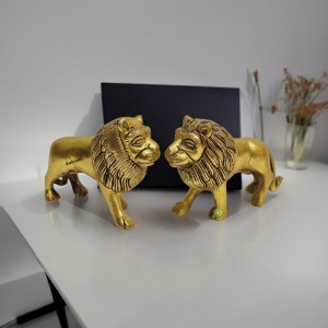 A Pair of Brass Lion Statues Made By Aakrati| Collectable Figurine| Showpieces| Decorative Items (Yellow, Height 3inch)