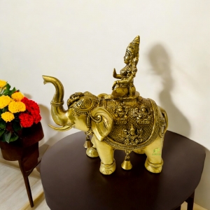 Brass Elephant with Laxmi with Yellow finishing for Home and Table decoration and Gifting purpose  