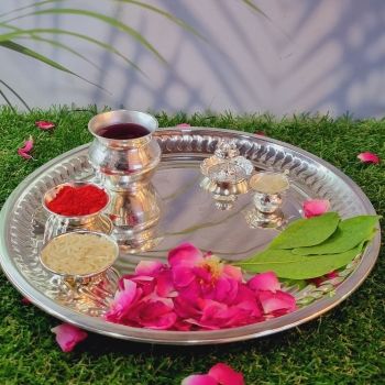 Aakrati Pooja Thali with Engraved Laxmi Ganesh for your Temple decoration 