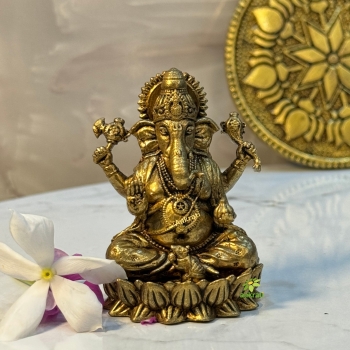 Intricately Designed Brass Ganesh Statue| Symbol of Wisdom and Prosperity Made By Aakrati (Yellow, 2.5 Inch)