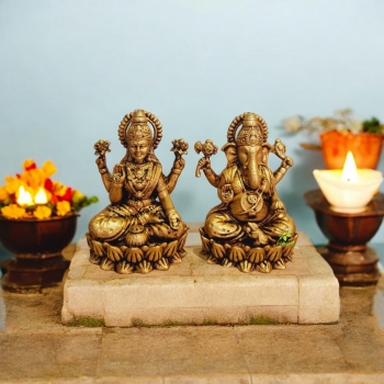 Brass Lakshmi Ganesh Pair| Elegant Deity Sculptures By Aakrati (Yellow, 2.3 Inch)