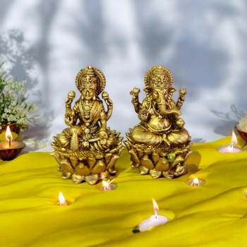 Brass Lakshmi Ganesh Pair| Divine Sculptures for Wealth and Harmony| Made By Aakrati (Yellow, 2 Inch)