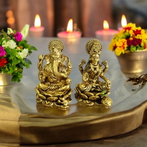 Brass Lakshmi Ganesh Set| Aakrati Brass Laxmi Ganesh Statue| Decorative Items (Yellow, 1.1 Inch)