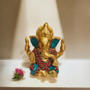 Brass Ganesh Statue with Stone Finish for home decoration 