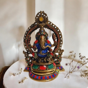 Brass  Ganesh Idol decorative murti with stone work