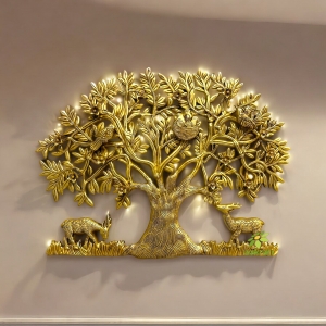 Aakrati Brass Tree of life with Bird and deer| tree with  root and branches in yellow finishing for wall art and wall decoration