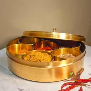 Brass Spice Box | Stylish & Durable Masala Daani for Indian Kitchens | Luxury Brass Masala Box ( Yellow, 8 inch)