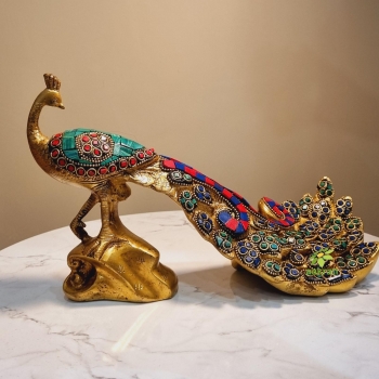 Brass Peacock Showpiece Statue | Brass Showpiece for Luxurious Living | Traditonal Brass Peacock Figurine Made By Aakrati  ( Multi Color, 12 inch)