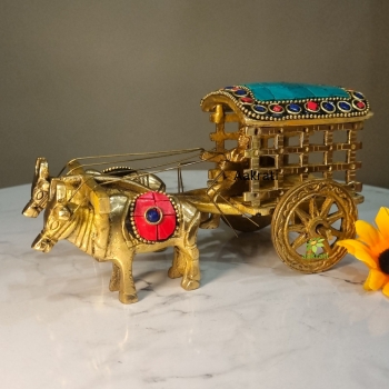 Handcrafted Brass Bull Cart |  Traditional Indian Rural Charm for Your Home | Brass Bull Cart Showpiece With Stone Finish ( Multi Color)