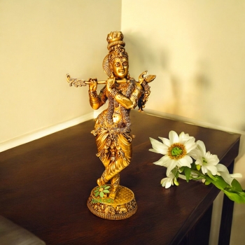 Lightweight Brass Krishna Idol | Perfect for Spiritual Décor | Premium Brass Krishna Murti ( Yellow, 15.7 inch)