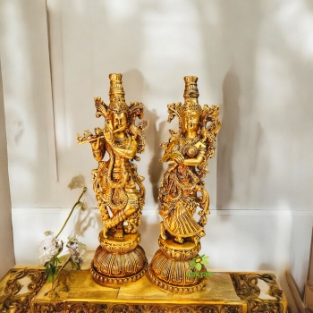 Graceful Lightweight Brass Radha Krishna Murti | Perfect for Pooja Room and Home Décor | Elegant Brass Radha Krishna Statue ( Yellow, 11 inch)