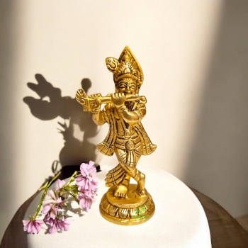 Brass Krishna Murti | Handcrafted Divine Idol for Spiritual Home & Temple Decor ( Yellow, 4.5 inch)