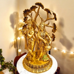 Brass Radha Krishna with Tree | Antique Finish Sculpture | Radha Krishna Under Tree ( Yellow, 22 inch)