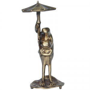 Aakrati Frogs with Umbrella Table Statue Over a Leaf in Light Brown Color - Metal Sculpture Table Decor Showpiece