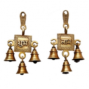 Handcrafted Brass Shubh Labh Wind Chime | Divine Blessings for Your Home | Shubh Labh Brass Wall Hanging ( Yellow, 6 inch)