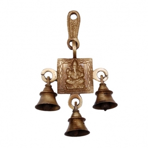 Brass Wind Chime with Ganesha Engraving | Handcrafted Beauty for Spiritual Decor | Divine Brass Ganesha Wall Hanging ( Yellow, 6.8 inch)