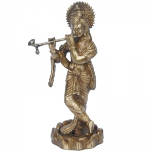 Handcrafted Brass Krishna Idol |  Ideal for Puja, Festivals, and Spiritual Practices | Traditional Brass Krishna Idol ( Light Yellow, 11.5 inch)
