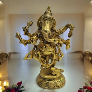 Brass Dancing Lord Ganesha Statue | Divine Art for Your Home or Temple | Brass Dancing Ganesha Idol ( Yellow, 9 inch)