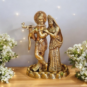 Divine Brass Radha Krishna Idol |  A Symbol of Divine Love and Protection | Brass Radha Krishna Murti ( Yellow, 11 inch)