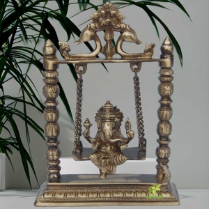 Brass Ganesha on Jhula Showpiece | Perfect Spiritual Accent for Your Home or Temple | Handcrafted Brass Ganesha on Jhula ( Yellow, 10 inch)