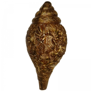 Handcrafted Brass Conch Showpiece with Durga ji Engraving Design |  Ideal for Religious and Home Decor ( Yellow, 9.5 inch)