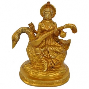 Handcrafted Brass Saraswati Murti | Divine Idol for Pooja and Home Decor | Brass Saraswati Idol ( Yellow, 6.5 inch)