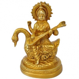 Divine Brass Saraswati Murti | Handcrafted Idol for Your Spiritual Home | Premium Brass Saraswati Idol ( Yellow, 5 inch)